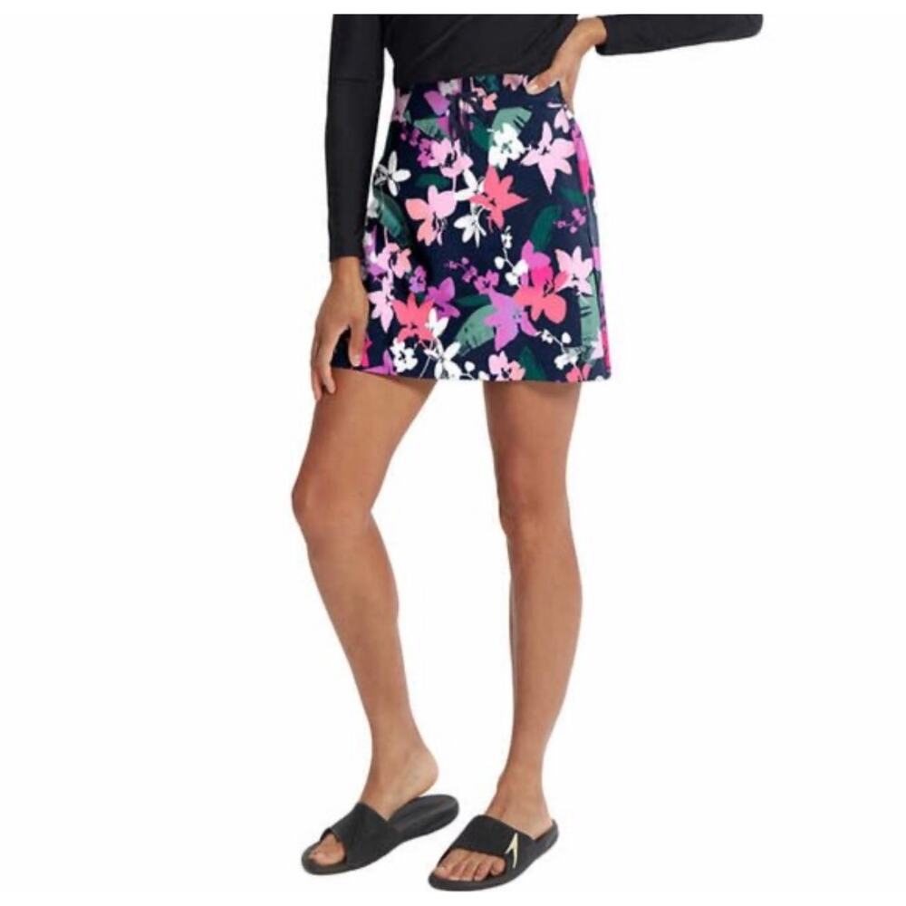 Speedo Floral Swim Skort Large Navy Pink Built In Shorts Swim Bottom UPF50+